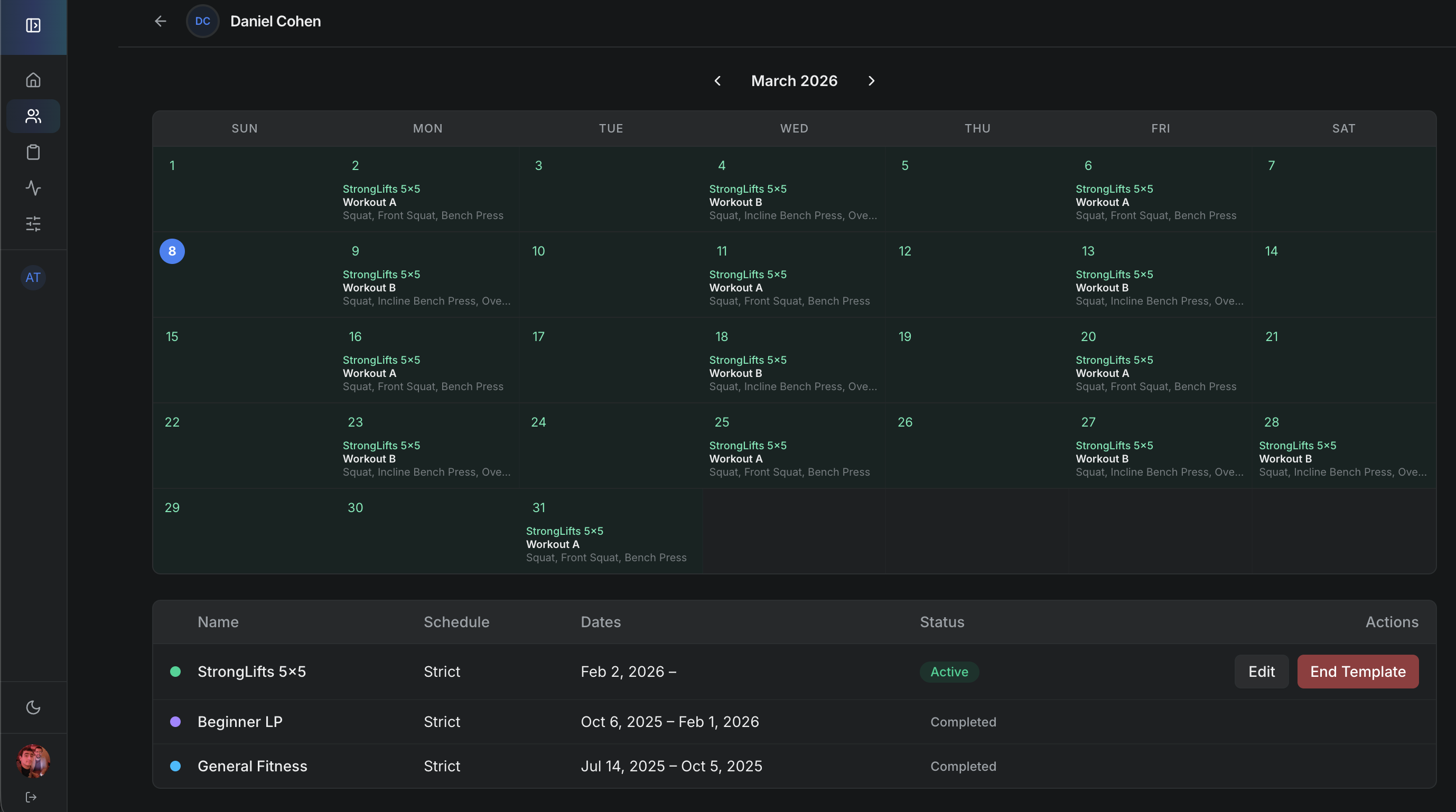 Web app — Template calendar with scheduled workouts and training history