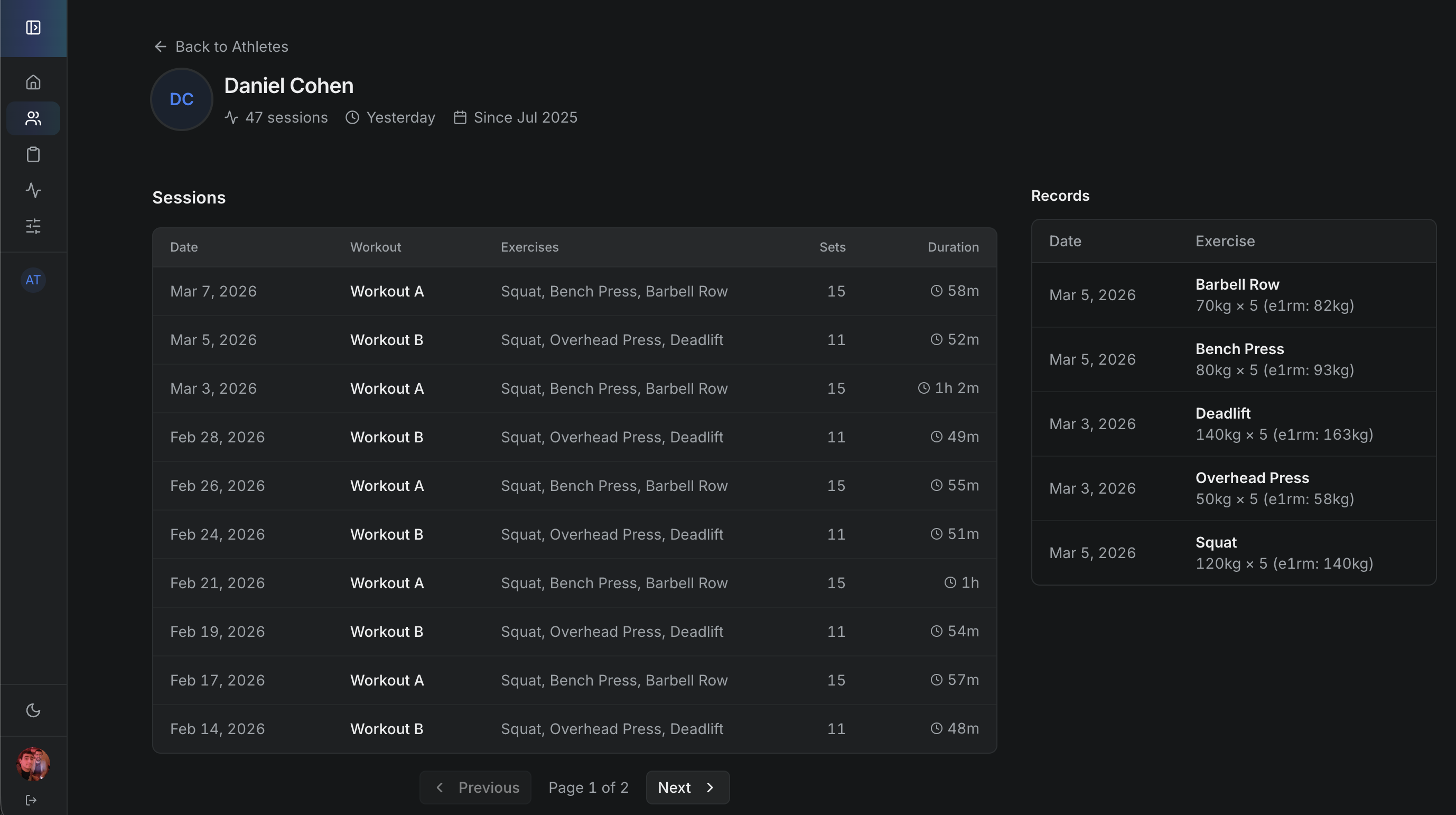 Web app — Athlete detail with records, session history, and calendar