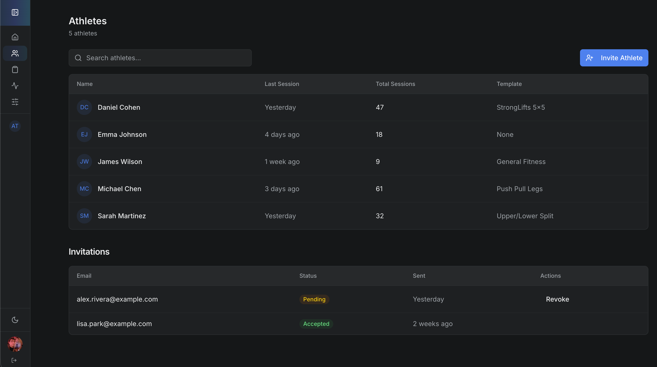 Web app — Athletes list with session stats, templates, and invitations