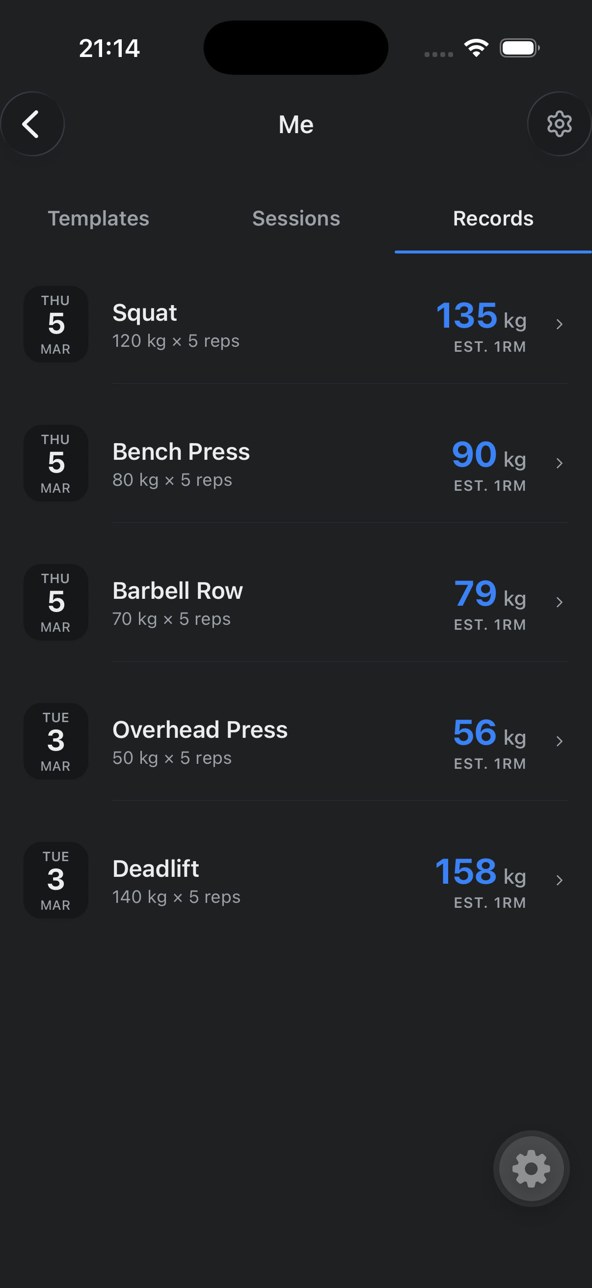 Mobile app — Personal records with estimated 1RM for each exercise