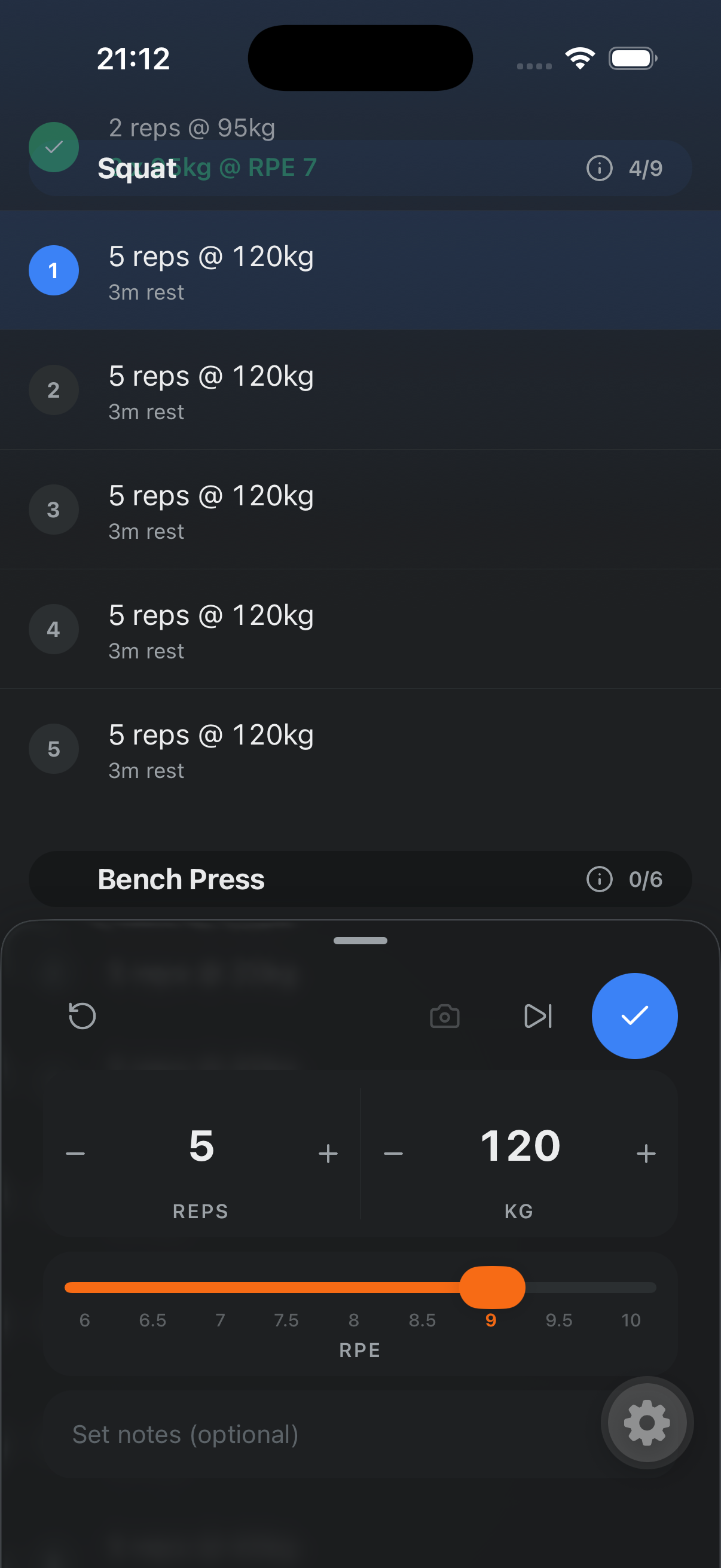Mobile app — Session player with set logging, weight, and RPE input