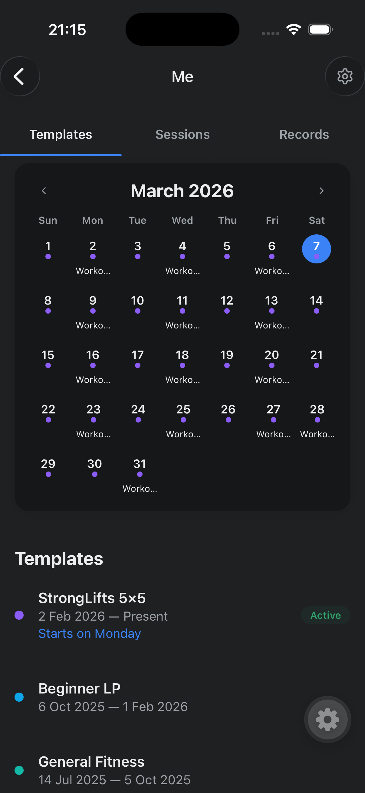 Mobile app — Training calendar and template management