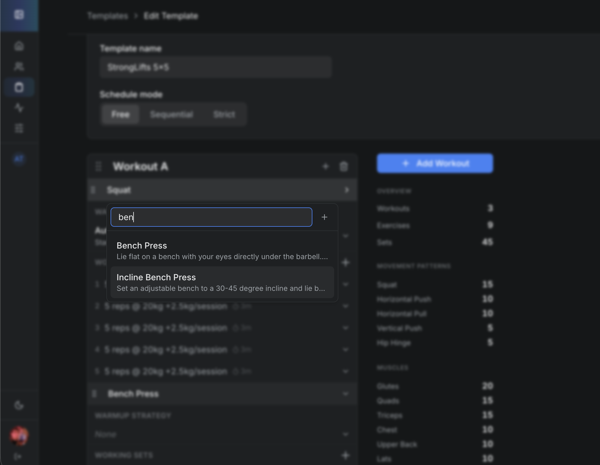 Web app — Exercise search with fuzzy matching in template editor