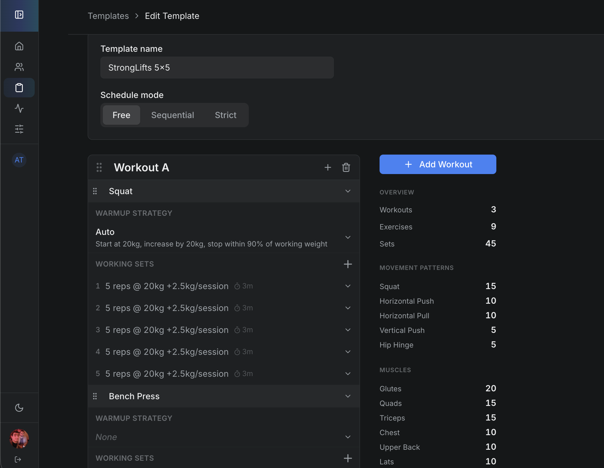 Web app — Template editor with workouts, exercises, and volume overview