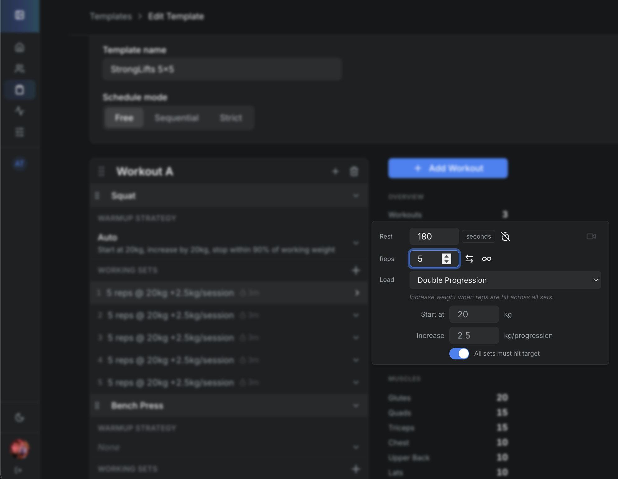 Web app — Set configuration with reps, rest, and progressive overload