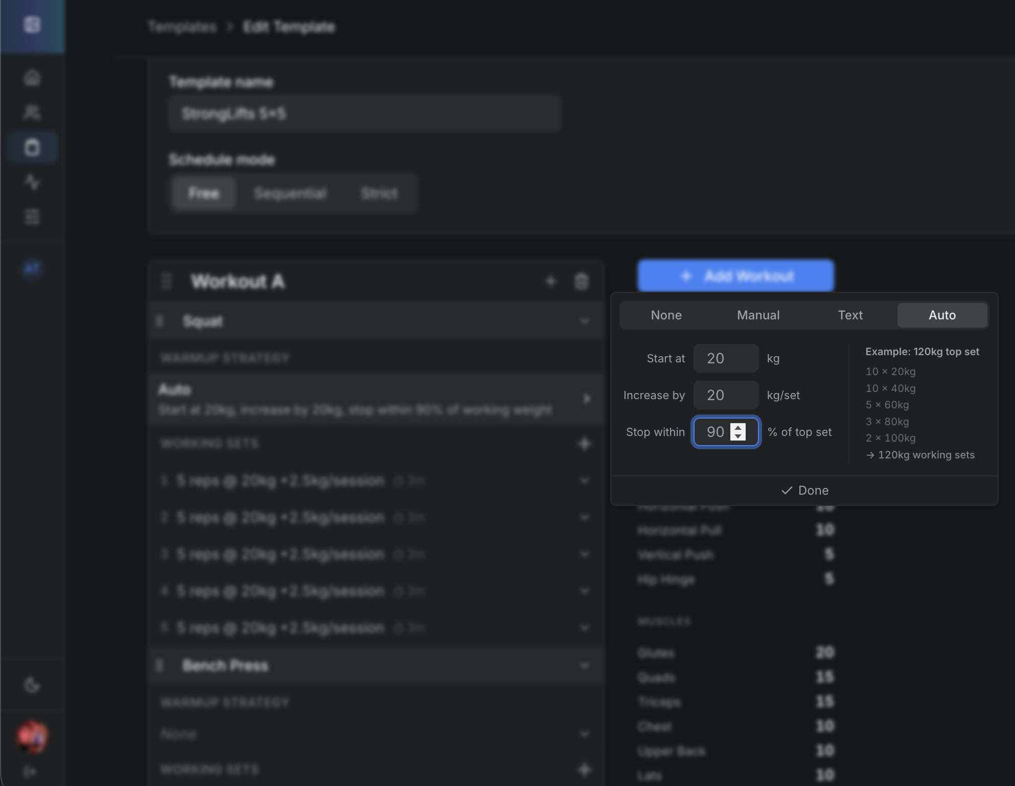 Web app — Auto warmup ramp configuration with weight percentages